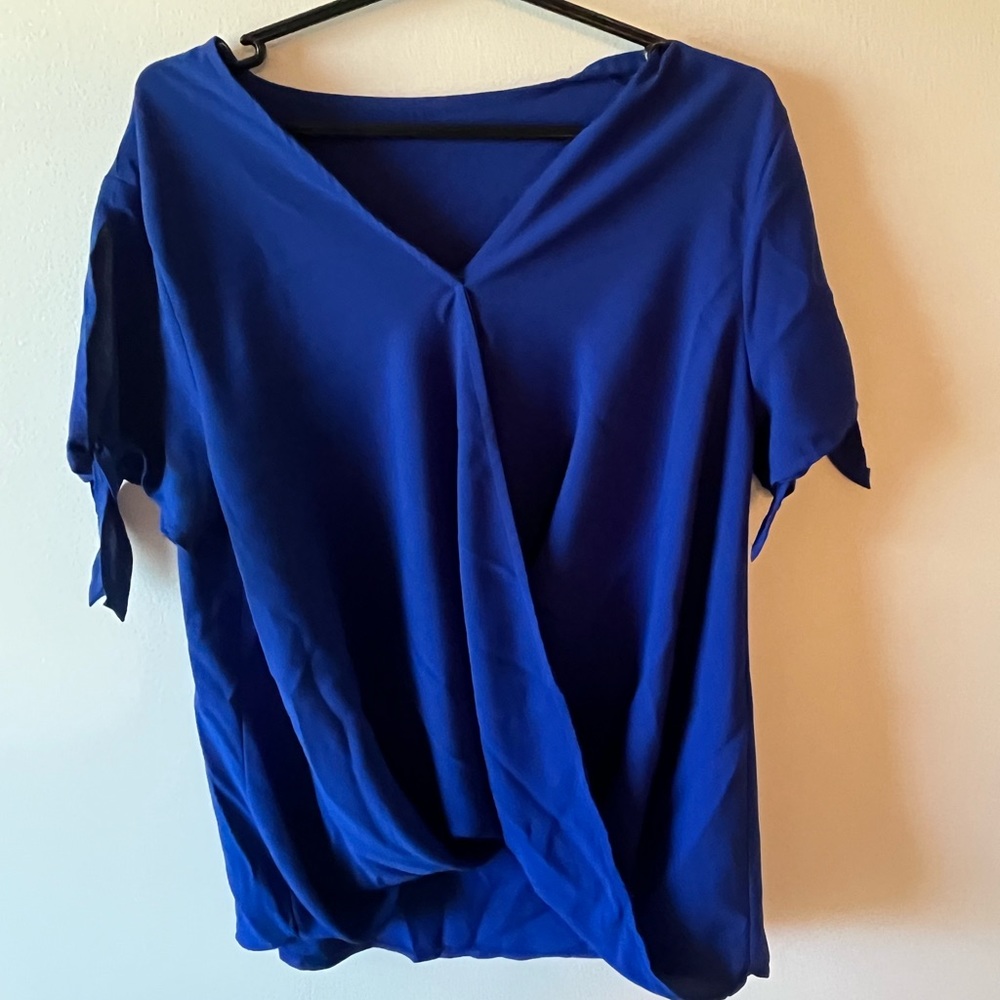 Surplice Tie Sleeved Royal Blue T Shirt Blouse L